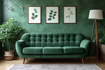 April Showers - A green velvet couch with two pictures of leaves on the wall, creating a cozy and inviting atmosphere. Generative AI