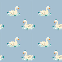 Swans in pond. Seamless blue pattern with swans and water plants.