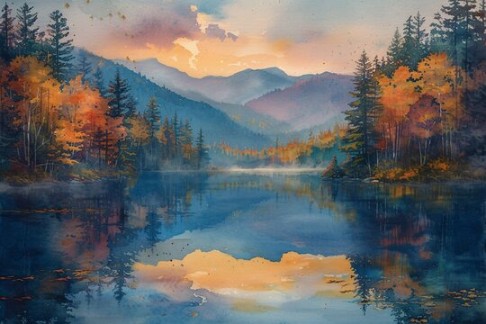 Autumn's Reflection: A Painted Mountain Lake Scene Generative AI