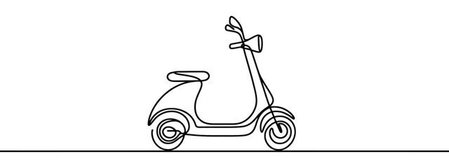One single line drawing of motorcycle scooter with food box for food delivery service logo vector graphic illustration. Restaurant food delivery badge concept. Modern continuous line draw design