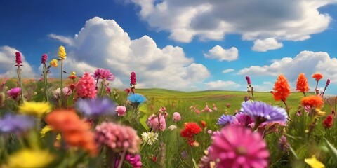 field of flowers Spring blooming meadow Summer landscape with a field of flowering pink clover.

