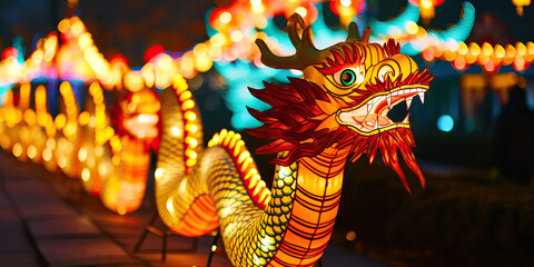 Dragon Lantern Festival: Illuminated Lanterns Adorned with Dragon Motifs During Chinese New Year