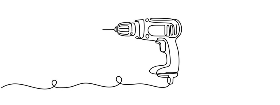 Screwdriver, drill, construction tool, tighten screws, make a hole hole in the material one line art. Continuous line drawing of repair, professional with inscription, lettering, handwritten.
