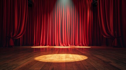 Stage With Red Curtain and Spotlight - obrazy, fototapety, plakaty