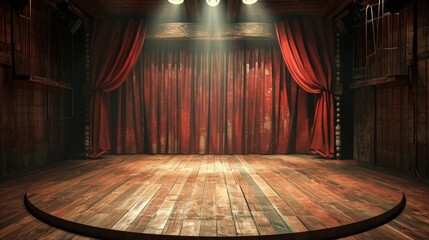Empty Stage With Red Curtain and Spotlights - obrazy, fototapety, plakaty