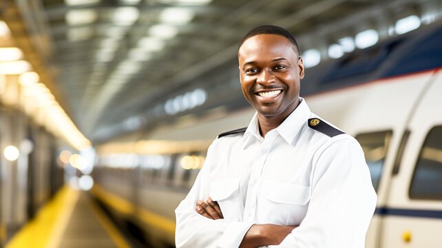 Portrait of smiling african american male train driver in uniform with crossed arms posing in front of high speed train. Subway train. Transportation concept.