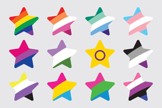 LGBTQIA star shape pride flag flat design icon set. Pride month concept.