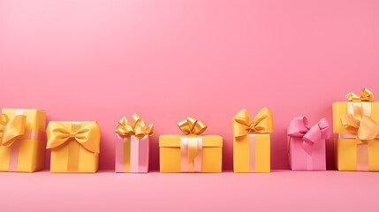 a pink background with many yellow presents and bows