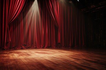 Empty Stage With Red Curtain and Spotlight