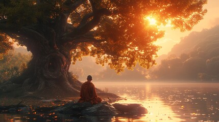 Autumnal Meditation: A Monk's Serene Reflection in the Foggy Forest Generative AI