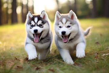 cute husky dogs running in outdoor 