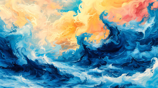 Artistic ocean wave painting with abstract summer skies, vibrant watercolor seascape in blue and white, ideal for relaxation and meditation