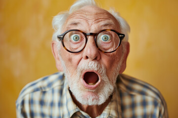 White haired elderly caucasian man wears glasses stares open mouthed with a look of shock. surprised old grandfather in glasses looks at the camera with his mouth open, elderly pensioner with gray bea - Powered by Adobe