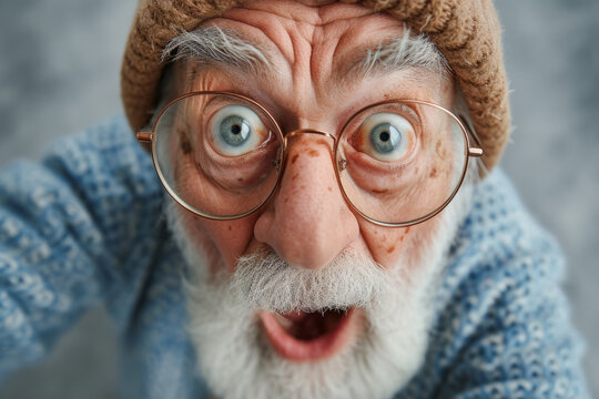 White haired elderly caucasian man wears glasses stares open mouthed with a look of shock. surprised old grandfather in glasses looks at the camera with his mouth open, elderly pensioner with gray bea