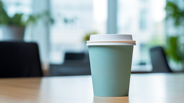 paper cup of hot coffee at working office. Take away, Enjoy beverage, Relax time with hot drinks.