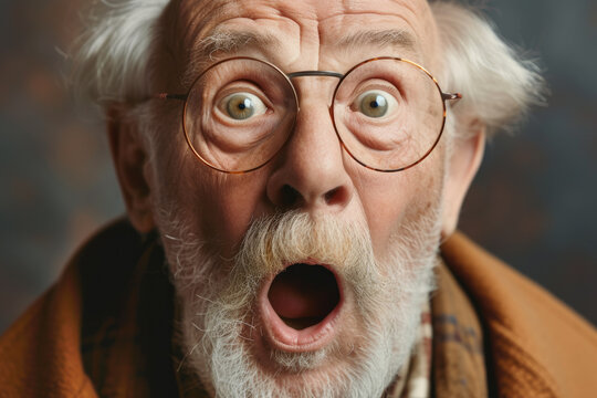 White haired elderly caucasian man wears glasses stares open mouthed with a look of shock. surprised old grandfather in glasses looks at the camera with his mouth open, elderly pensioner with gray bea