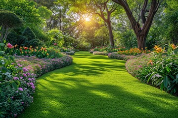 A Sunny Afternoon in the Garden: A Serene Pathway Amidst a Vibrant Display of Flowers Generative AI
