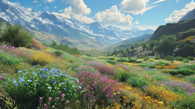 Breathtaking Mountain Landscape with Blooming Wildflowers, Clear Blue Sky, and Snow-Capped Peaks in Illustration Style