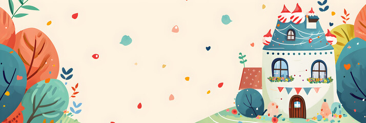 Cake in the shape of a fairytale house. The concept of renting and buying your own home on fabulous terms. Poster, invitation for a children's event. Copy space. Banner