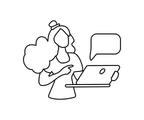 The girl is holding a laptop in her hands. Linear avatar of a woman. Business lady. Flat vector illustration
