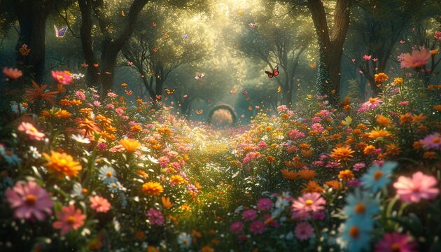 Flower-filled Pathway in a Butterfly-themed Forest Generative AI