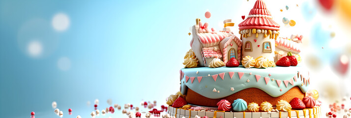 Cake in the shape of a fairytale house. The concept of renting and buying your own home on fabulous terms. Poster, invitation for a children's event. Copy space. Banner