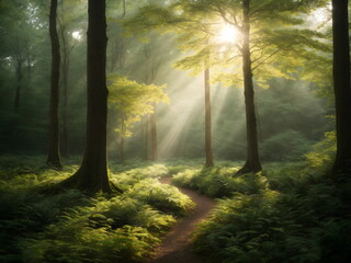 Obraz premium Morning Sunlight in the Forest, Beautiful Sunrise in the Nature 