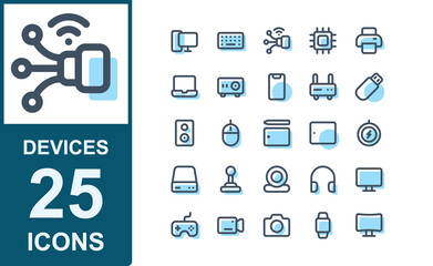 IT hardware icon set.linal color style.contains s wifi,erver, gaming stick, web cam, headphones, monitor, joystick, camera.good for devices illustration.