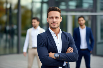 A handsome young businessman guy in a business suit smiles against the background of a business team in the office. Dream team, modern youth, meeting, startup