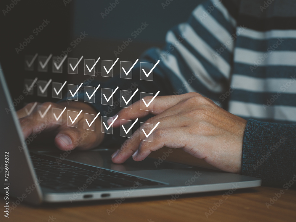 Poster select check data checklist, business performance checklist on online survey. taking an internet ass