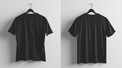 Plain black t-shirt front and back design on white background, hanging on hangers