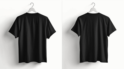 Plain black t-shirt front and back design on white background, hanging on hangers