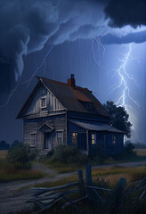 Lightning strike behind a small farmhouse. AI generated
