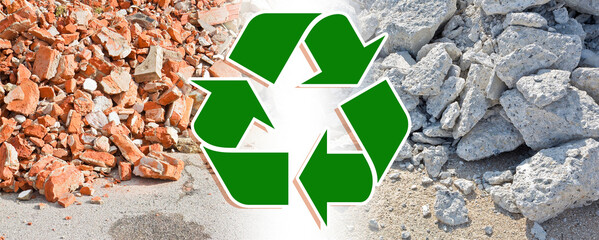Recovery and recycling of concrete and brick rubble debris on construction site after a demolition...