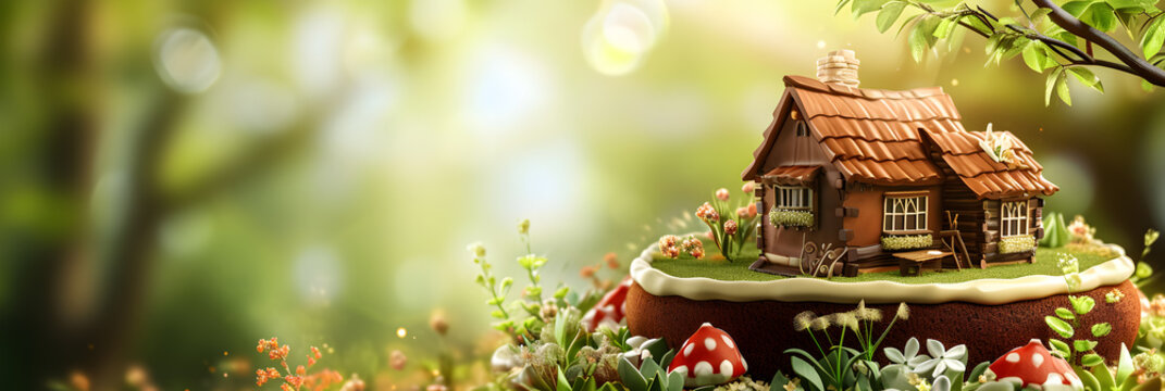 Cake in the shape of a fairytale house. The concept of renting and buying your own home on fabulous terms. Poster, invitation for a children's event. Copy space. Banner