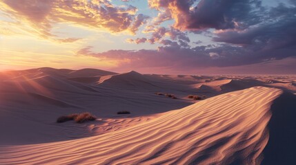 Breathtaking Sunset Over Desert Dunes with Vivid Colors and Shadows Illustration