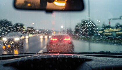 View of traffic, cars, and lights from inside a car. Rainy day