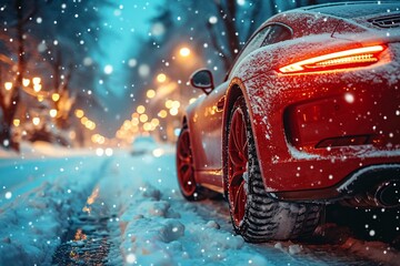 Snowy Night in the City: A Red Sports Car on a Snowy Road Generative AI - obrazy, fototapety, plakaty
