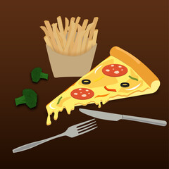 piece of pizza with french fries and broccoli