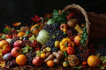 Obraz na płótnie Canvas A picturesque cornucopia overflowing with an abundance of seasonal fruits and vegetables
