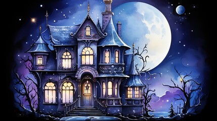 Fototapeta na wymiar halloween house with night sky and moon. Digital concept, illustration painting.