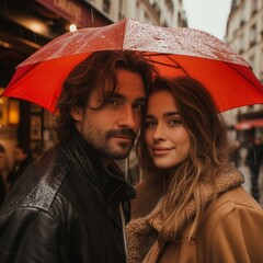 Happy Couple Under Red Umbrella