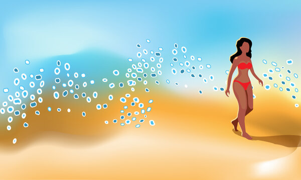 Girl by the seashore. Ocean waves with splashes. Tourism and recreation during the summer holidays. Vector illustration