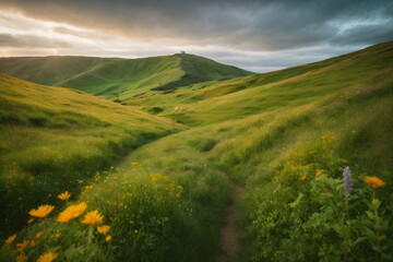 Winding path in the grass covered highland landscape	
