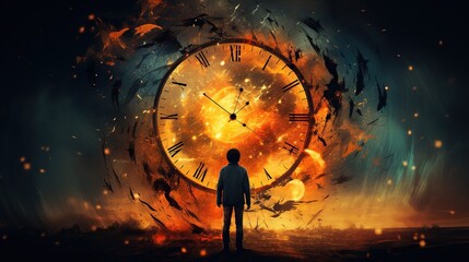 silhouette of a man standing in front of a clock with a burning fire. Digital concept, illustration painting.