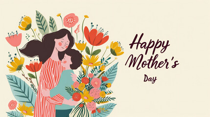 Mother's day greeting card."Happy Mother's Day" . Woman with bouquet of flowers and son,surrounded by flowers