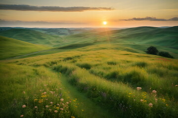 Fototapeta na wymiar Green hills landscape at sunrise