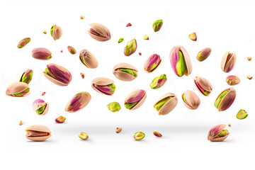 Flying pistachios on a white background