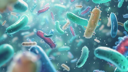 Illustration of probiotics concept showing beneficial bacteria thriving in the human digestive system, promoting gut health and gastrointestinal wellness. - obrazy, fototapety, plakaty