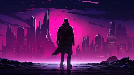 Foto op Canvas Silhouette of a man looking at a futuristic neon city with tall skyscrapers. Digital concept, illustration painting. © X-Poser